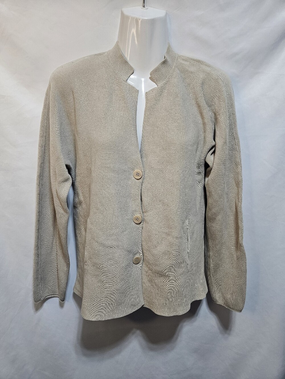Eileen Fisher Silk Cotton Cardigan Jacket Beige Minimalist Open Neck Sweater M